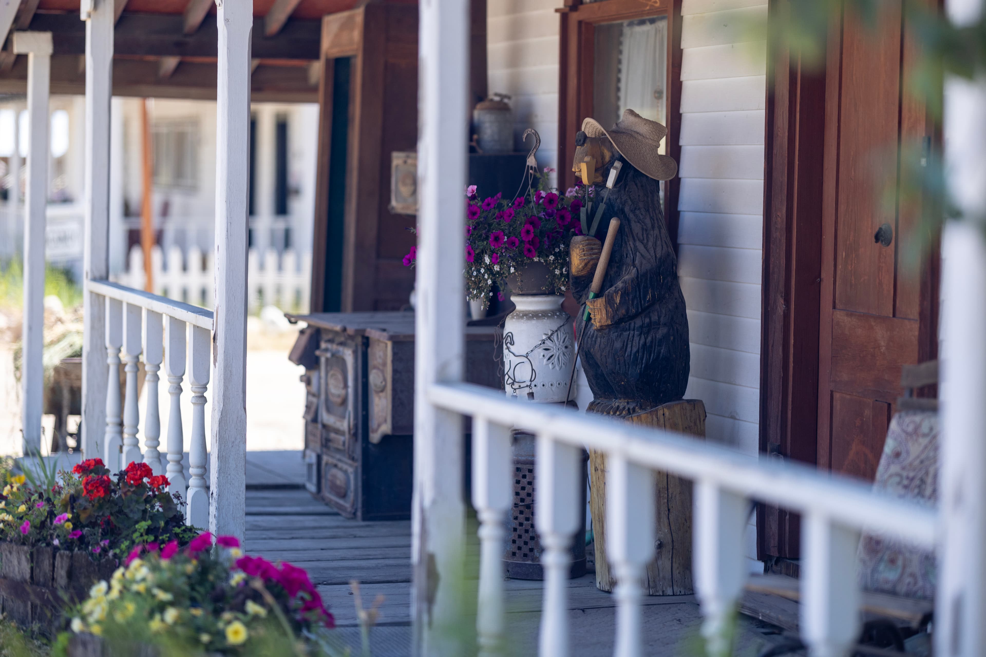 Bear statue on a porch in Idaho City