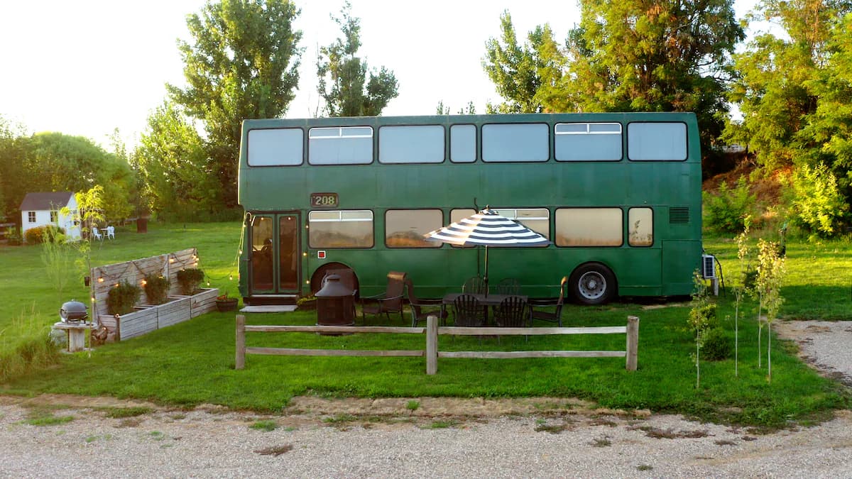 A Double-Decker Bus from England Is Now a Caldwell Guestroom